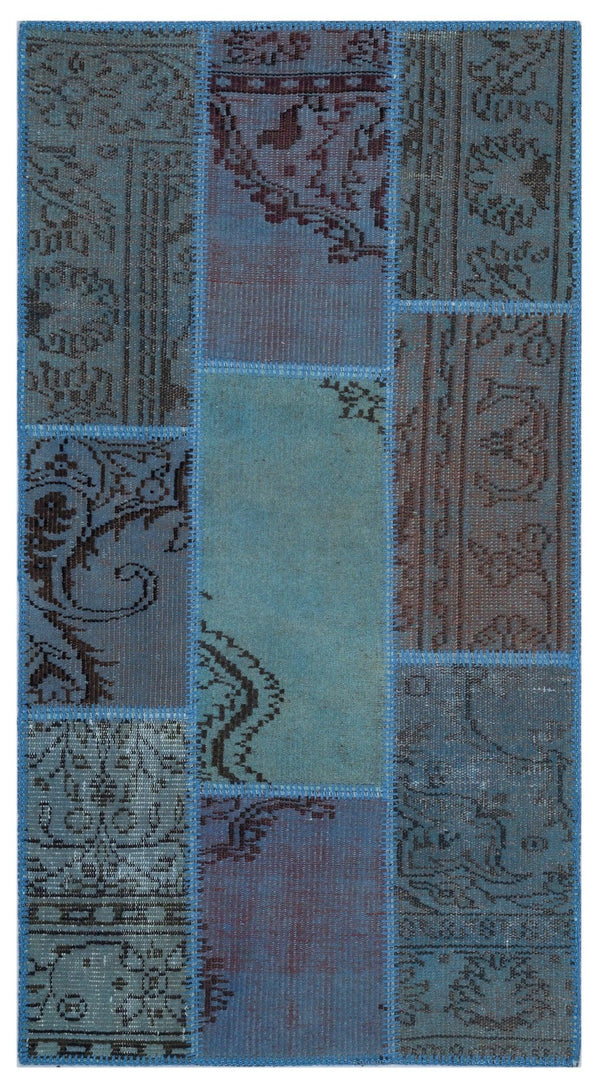 Mavi Anadolu Eskitme Geometrik Yün Halı 80x150 - Özel Seri