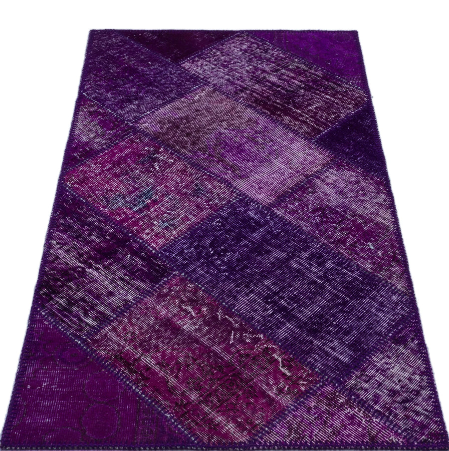 Beyaz Lila Anadolu Eskitme Geometrik Yün Halı 80x150 - Özel Seri