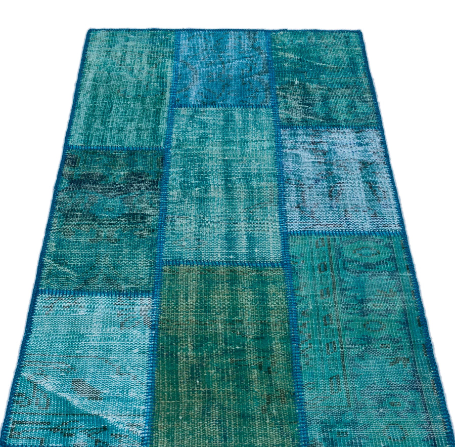 Krem Mavi Anadolu Eskitme Geometrik Yün Halı 80x150 - Özel Seri