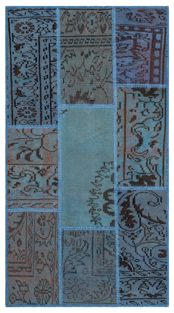 Mavi Anadolu Eskitme Geometrik Yün Halı 80x150 - Özel Seri