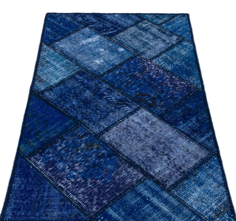 Mavi Anadolu Eskitme Geometrik Yün Halı 80x150 - Özel Seri