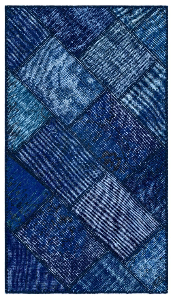 Mavi Anadolu Eskitme Geometrik Yün Halı 80x150 - Özel Seri