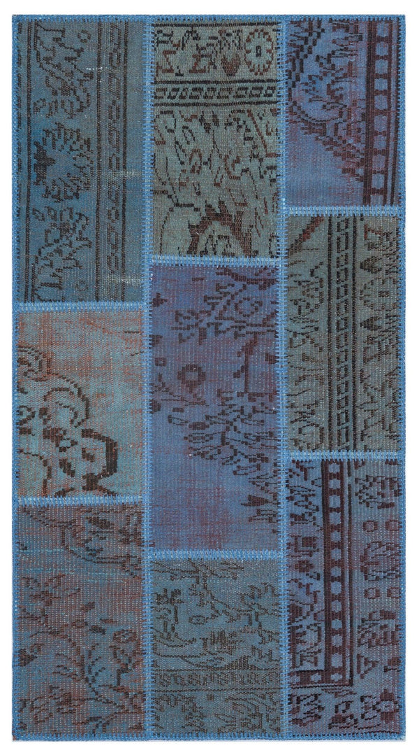 Mavi Anadolu Eskitme Geometrik Yün Halı 80x150 - Özel Seri