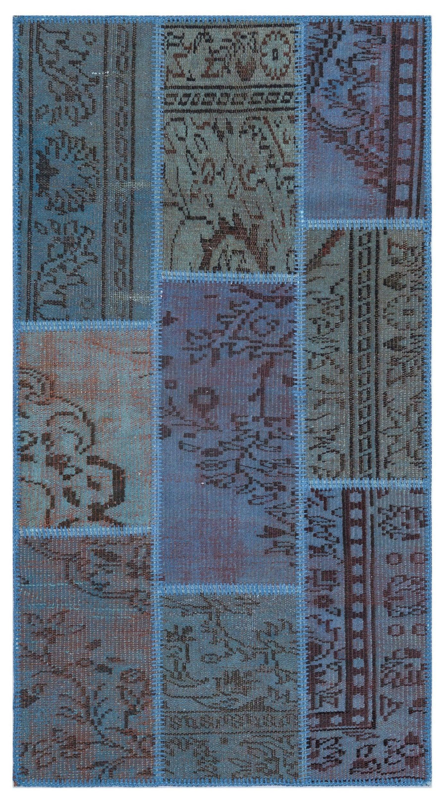 Blue & Brown Patchwork Hand-Knotted Wool Rug 80x150 cm (2'7" x 4'11") – in the hallway