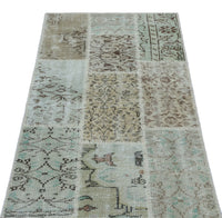 Beige and Turquoise Patchwork Wool Area Rug 80x150 cm (2'7" x 4'11")