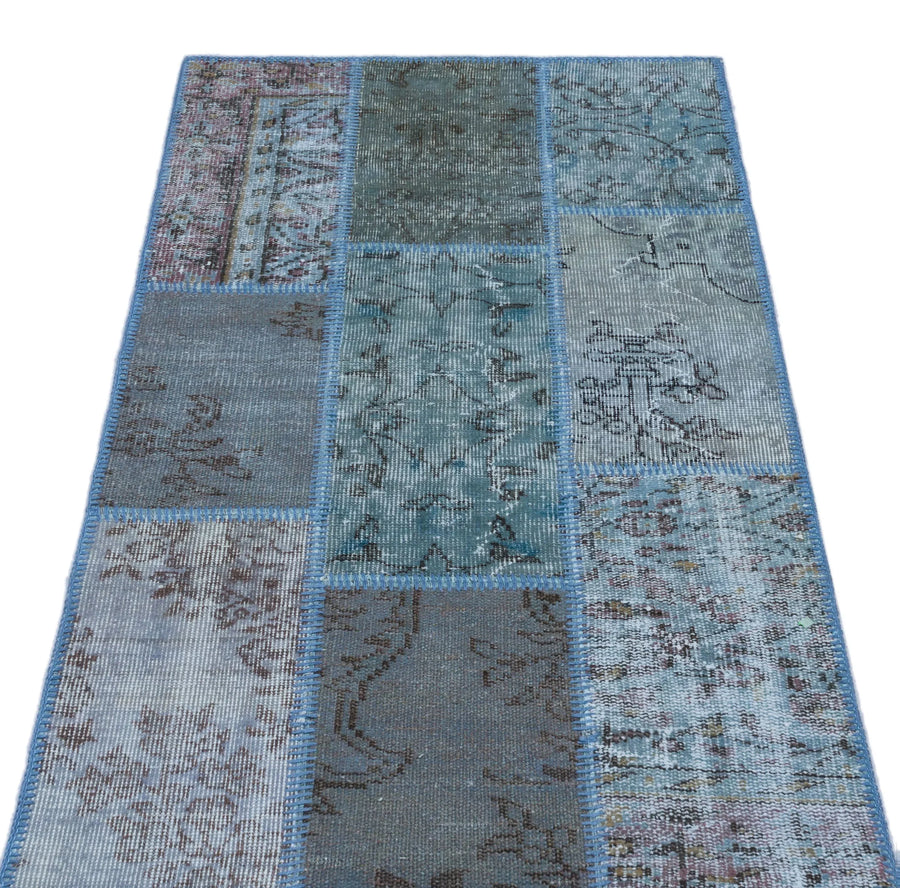Mavi Anadolu Eskitme Geometrik Yün Halı 80x150 - Özel Seri