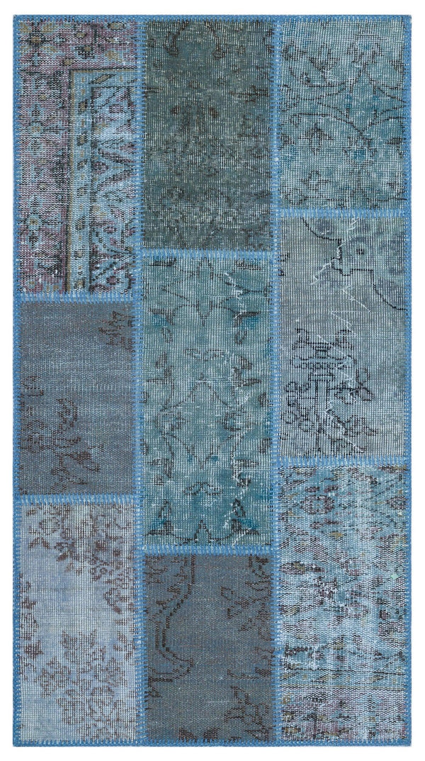 Mavi Anadolu Eskitme Geometrik Yün Halı 80x150 - Özel Seri