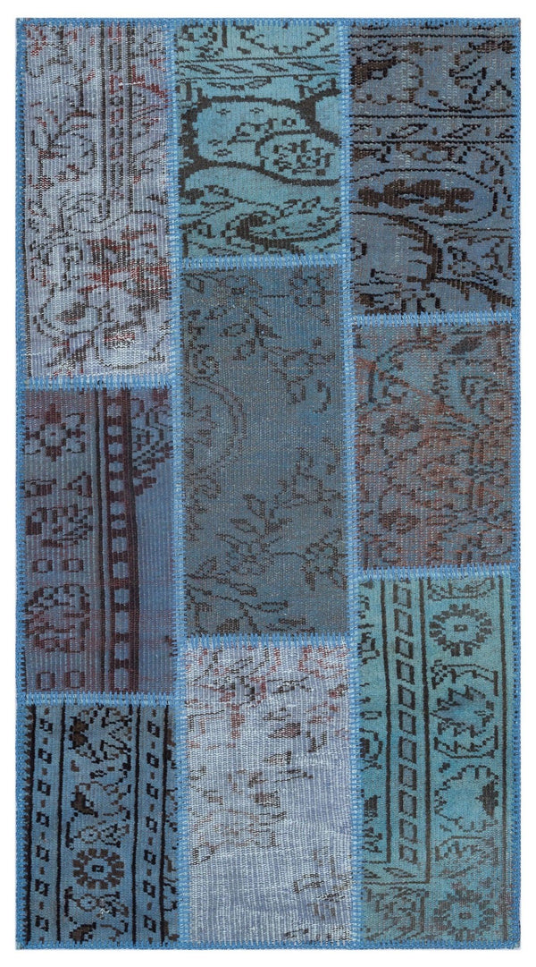 Mavi Anadolu Eskitme Geometrik Yün Halı 80x150 - Özel Seri
