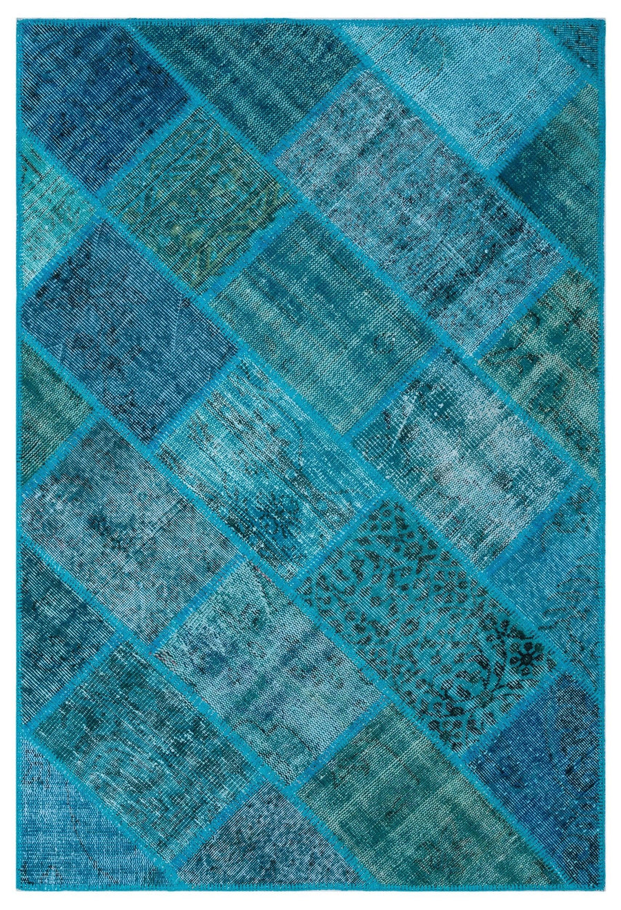 Geometrik Desenli Turkuaz ve Mavi El Dokuma Halı 120x180 cm – Koridor kullanımı