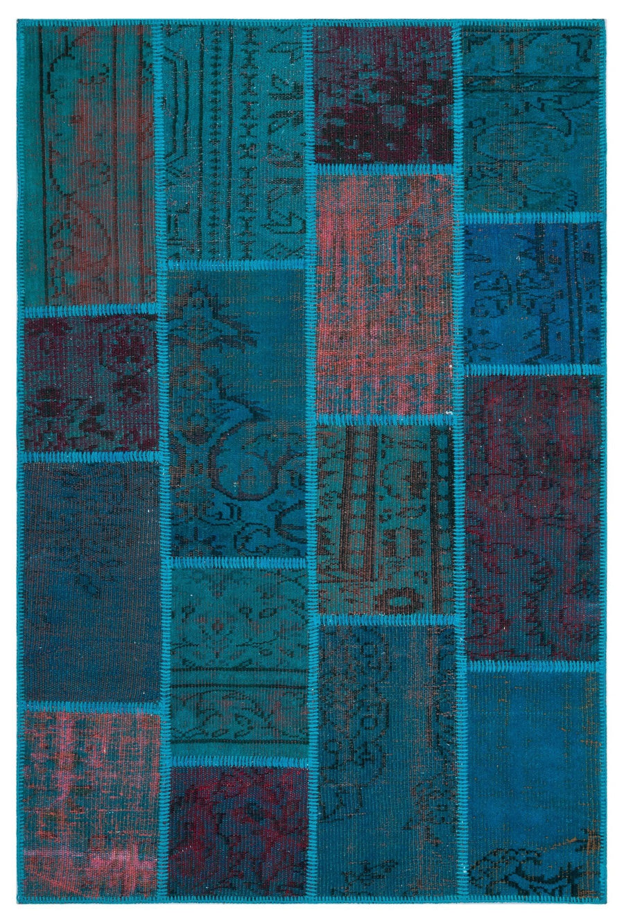 Turkuaz El Dokuma Halı Eskitme Patchwork Desenli 120x180 cm – Koridor kullanımı