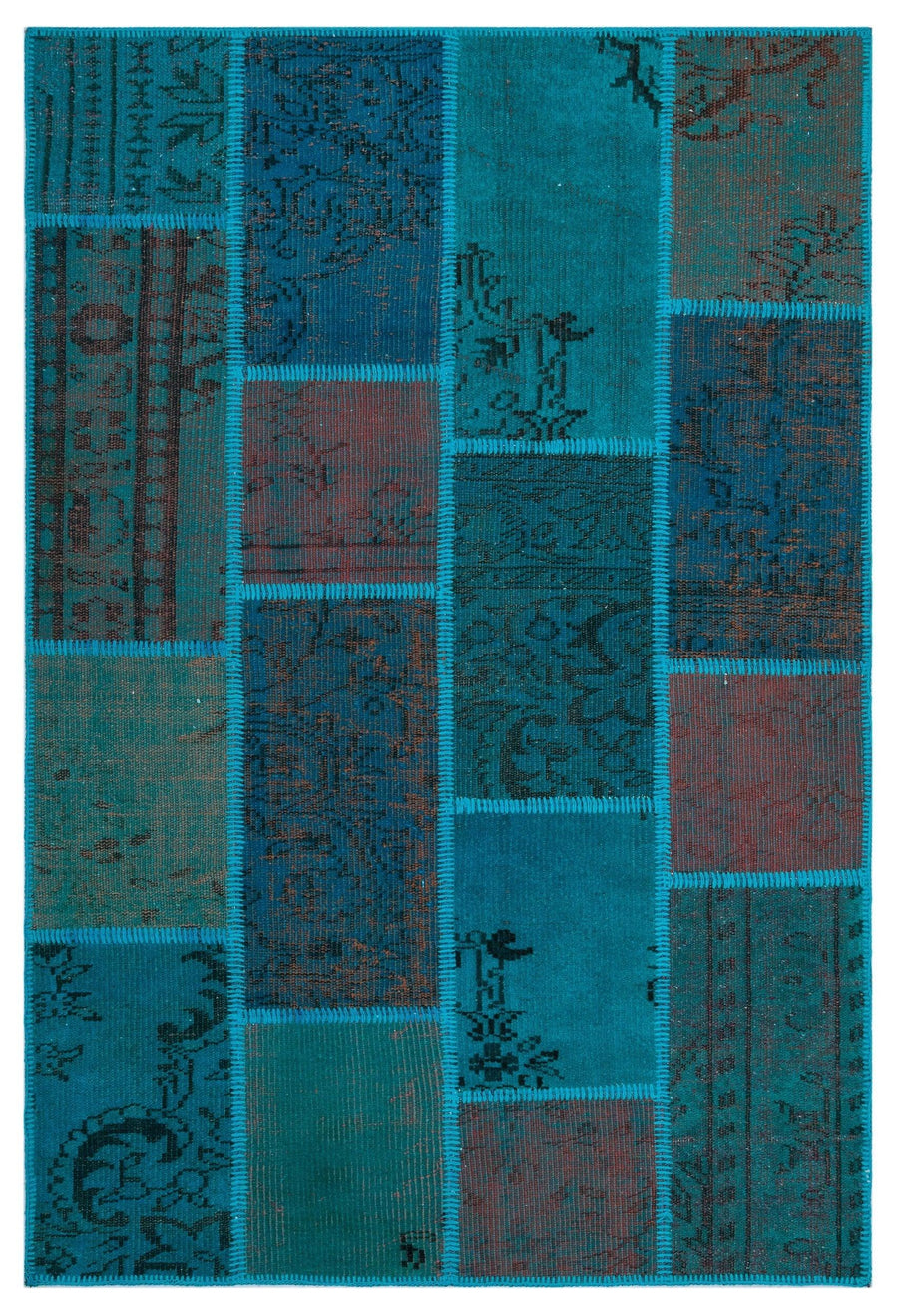 El Dokuma Turkuaz Patchwork Kaymaz Taban Halı 120x180 cm – Koridor kullanımı