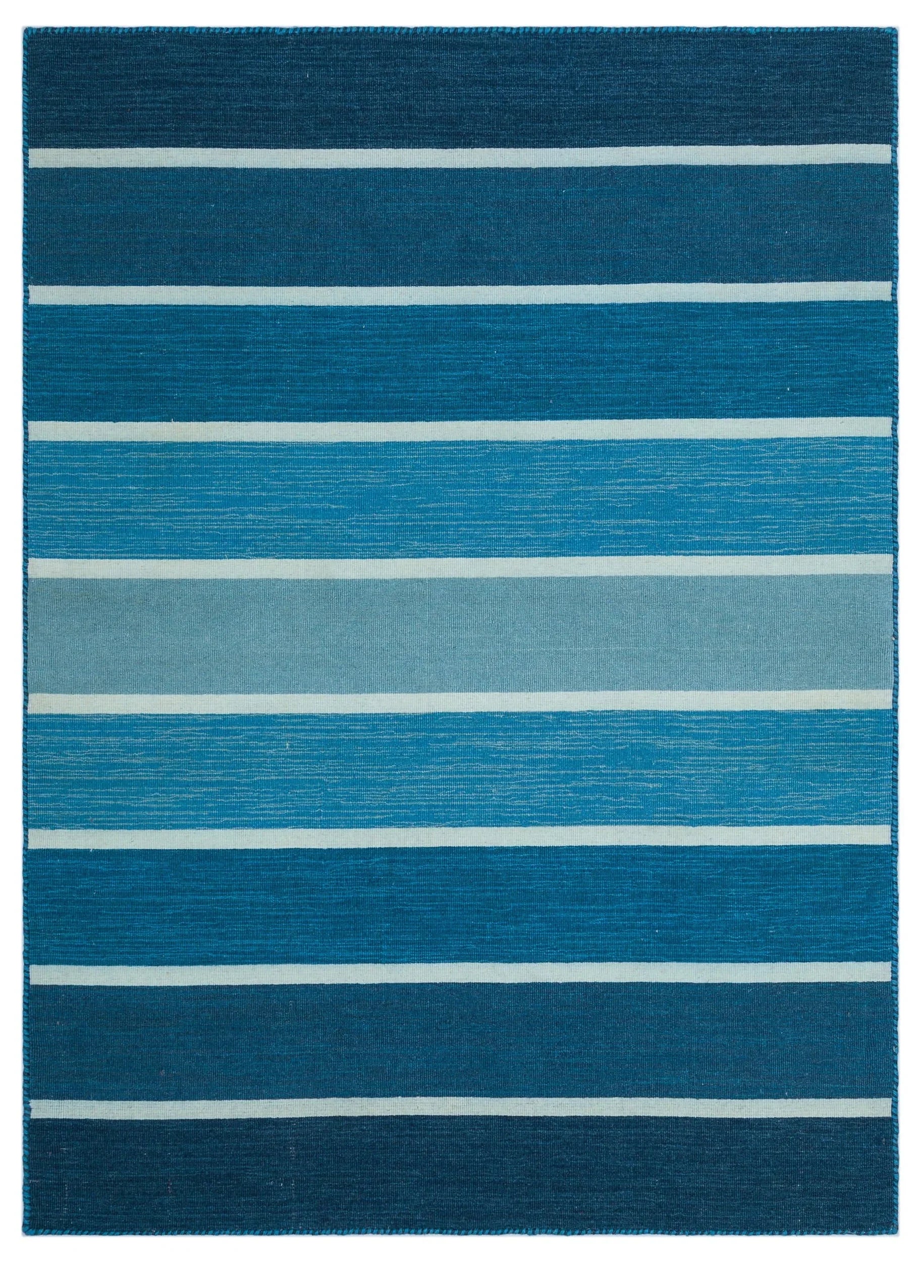 Mavi Modern Çizgili Yün Halı 126x173