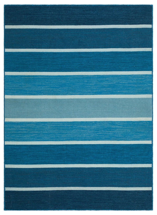 Mavi Modern Çizgili Yün Halı 126x173