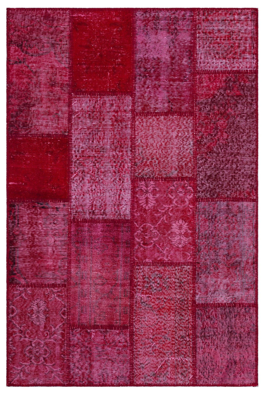 Red & Pink Patchwork Hand-Knotted Wool Rug 120x180 cm (3'11" x 5'11") – in the living room