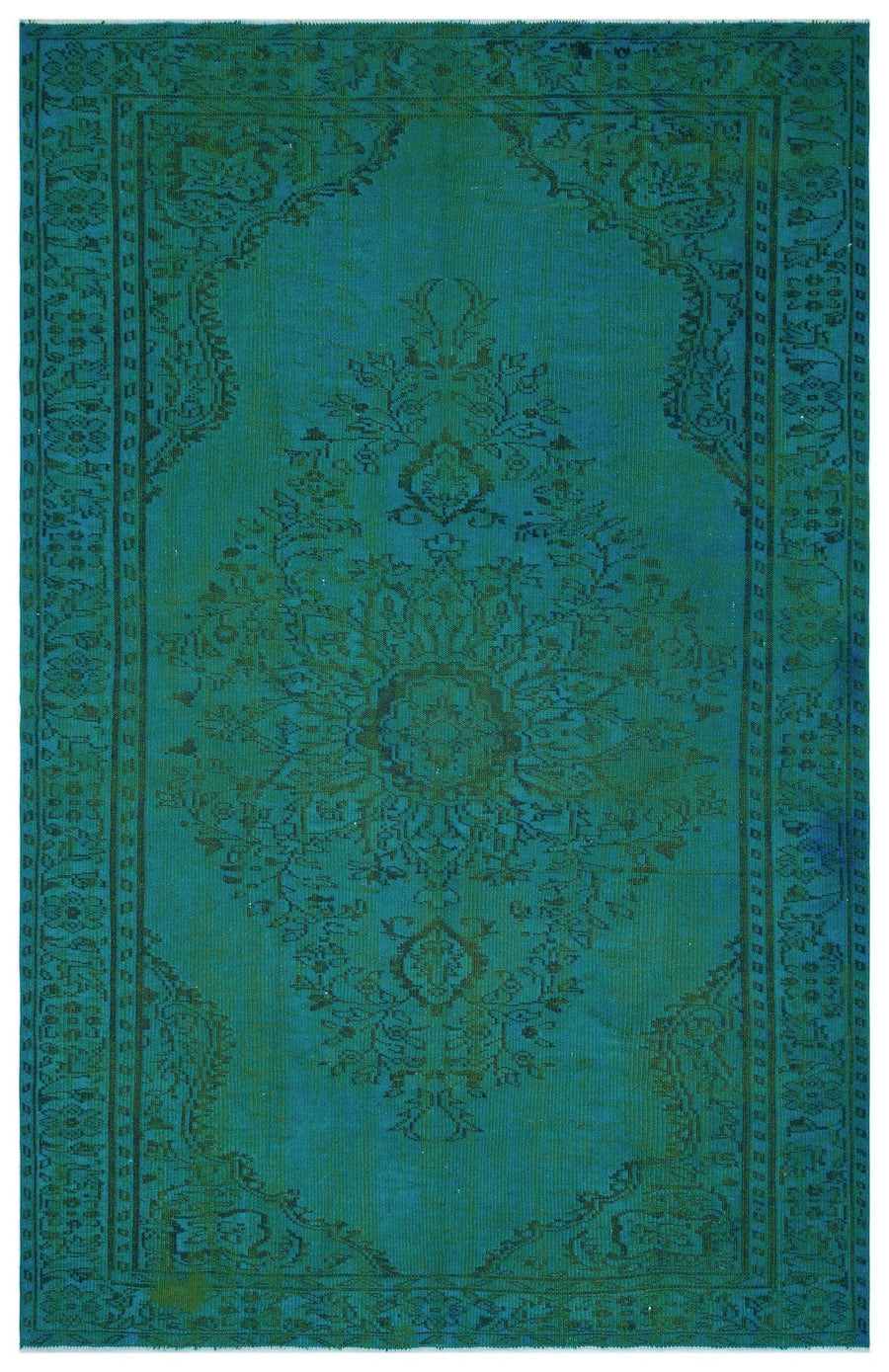Turkusowo-zielony ręcznie tkany dywan z motywem medalionu 195x301 cm – w przedpokoju