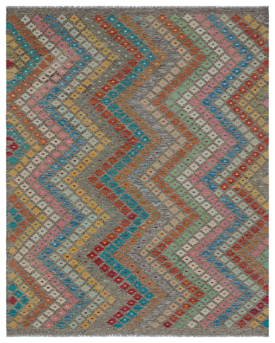 Grauer handgewebter Kelim mit buntem Ethno-Muster 160x196 cm – im Flur