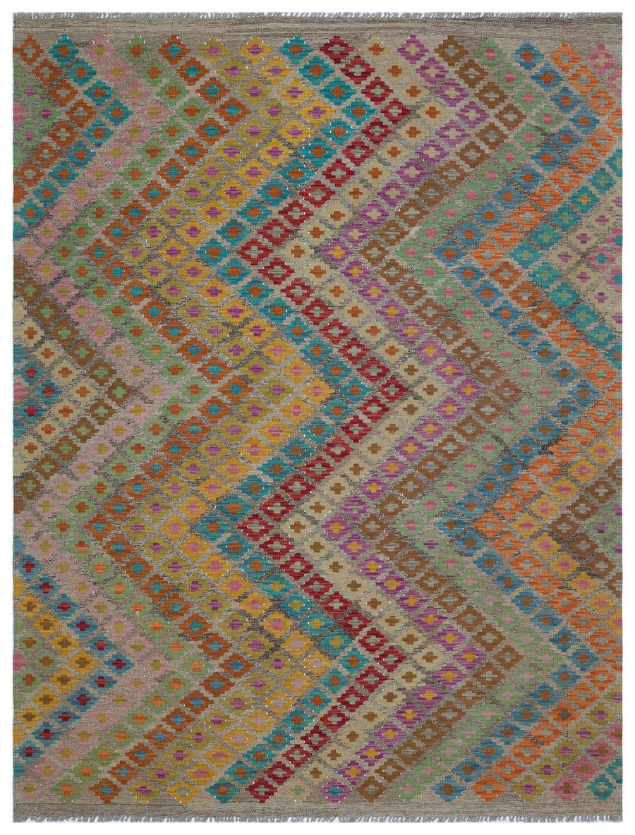 Grauer Wollkelim mit buntem geometrischem Muster 177x233 cm – im Flur