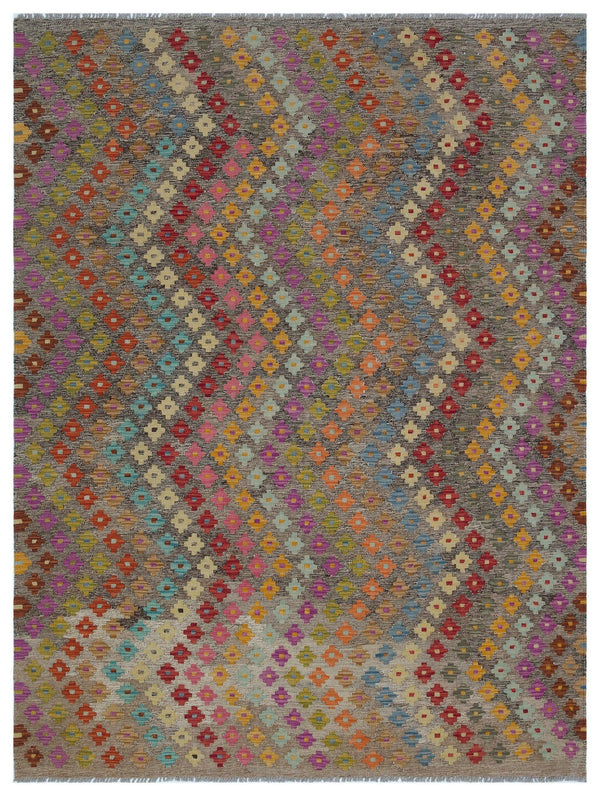 Kırmızı Mavi Anadolu Bohem Geometrik Yün Halı 182x237 - Özel Seri