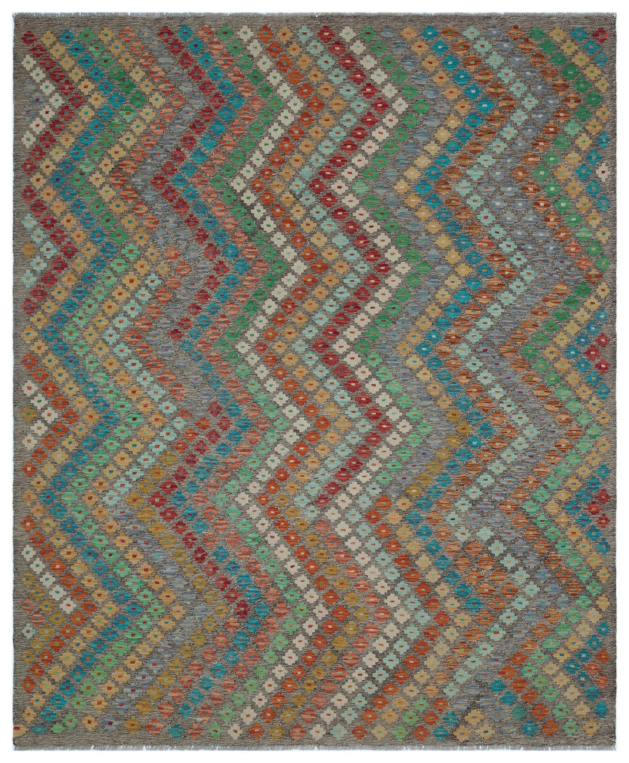 Grauer handgewebter Wollkelim mit Ethno-Muster 206x241 cm – im Flur