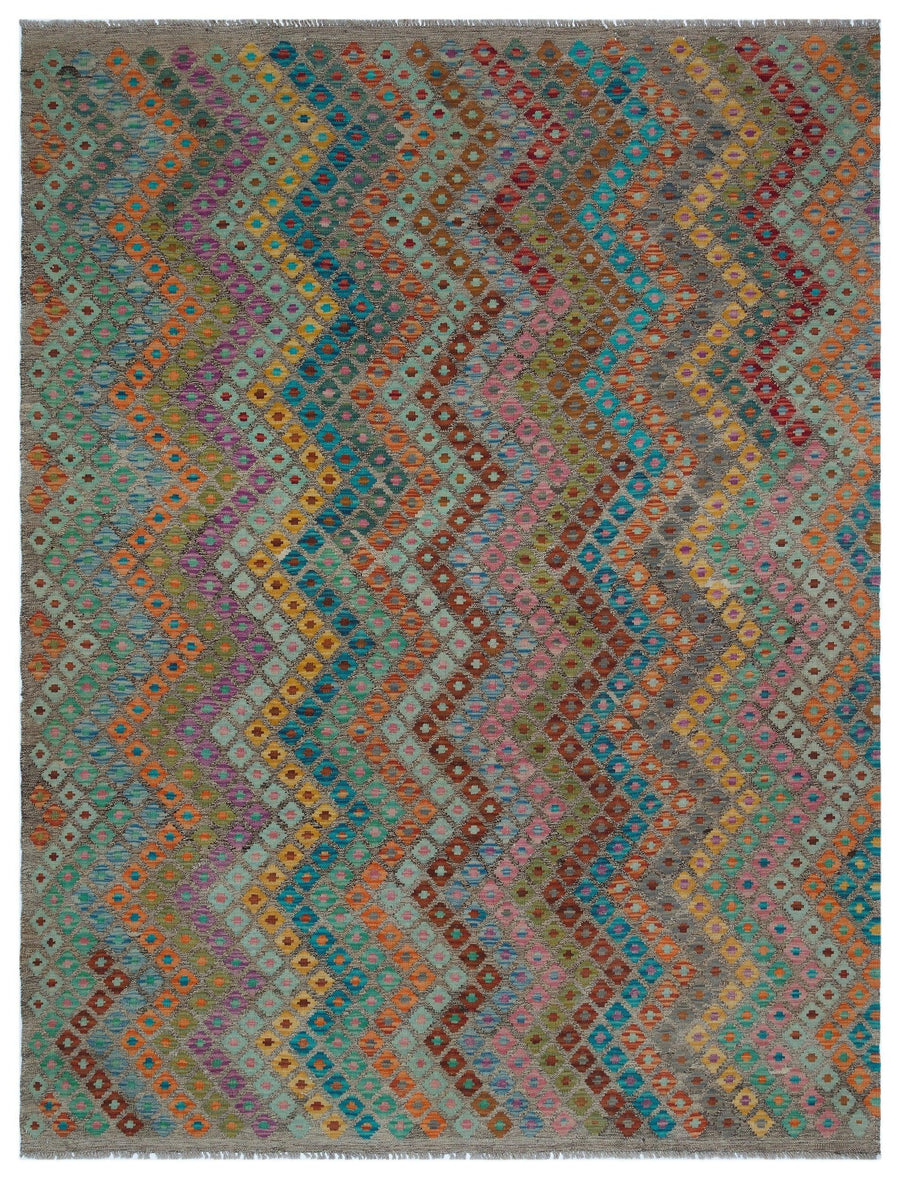 Handgewebter Wollkelim in Grau mit buntem Ethno-Muster 188x244 cm – im Flur