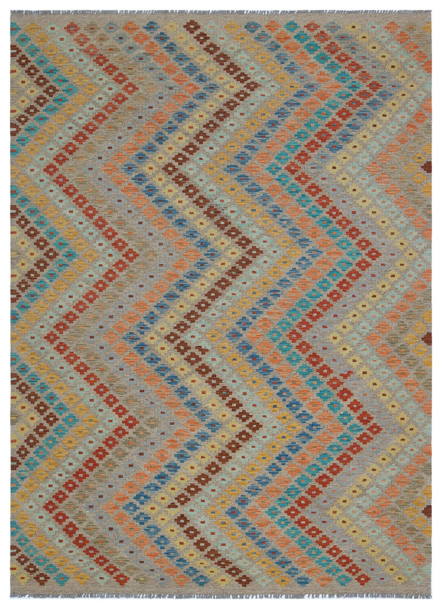 Grauer handgewebter Kelim mit mehrfarbigem geometrischem Muster 176x237 cm – im Flur