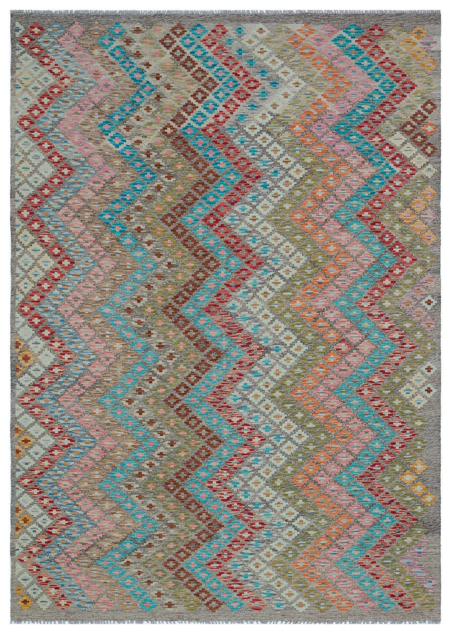 Grey Hand-Woven Kilim Rug with Non-Slip Backing 198x250 cm (6'6" x 8'2") – in the living room