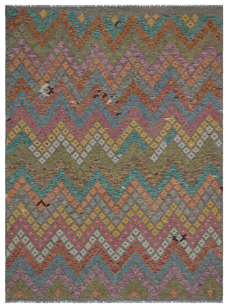 Ethnic Gray & Multicolor Geometric Flatweave Kilim Rug 186x247 cm (6'1" x 8'1") – in the hallway