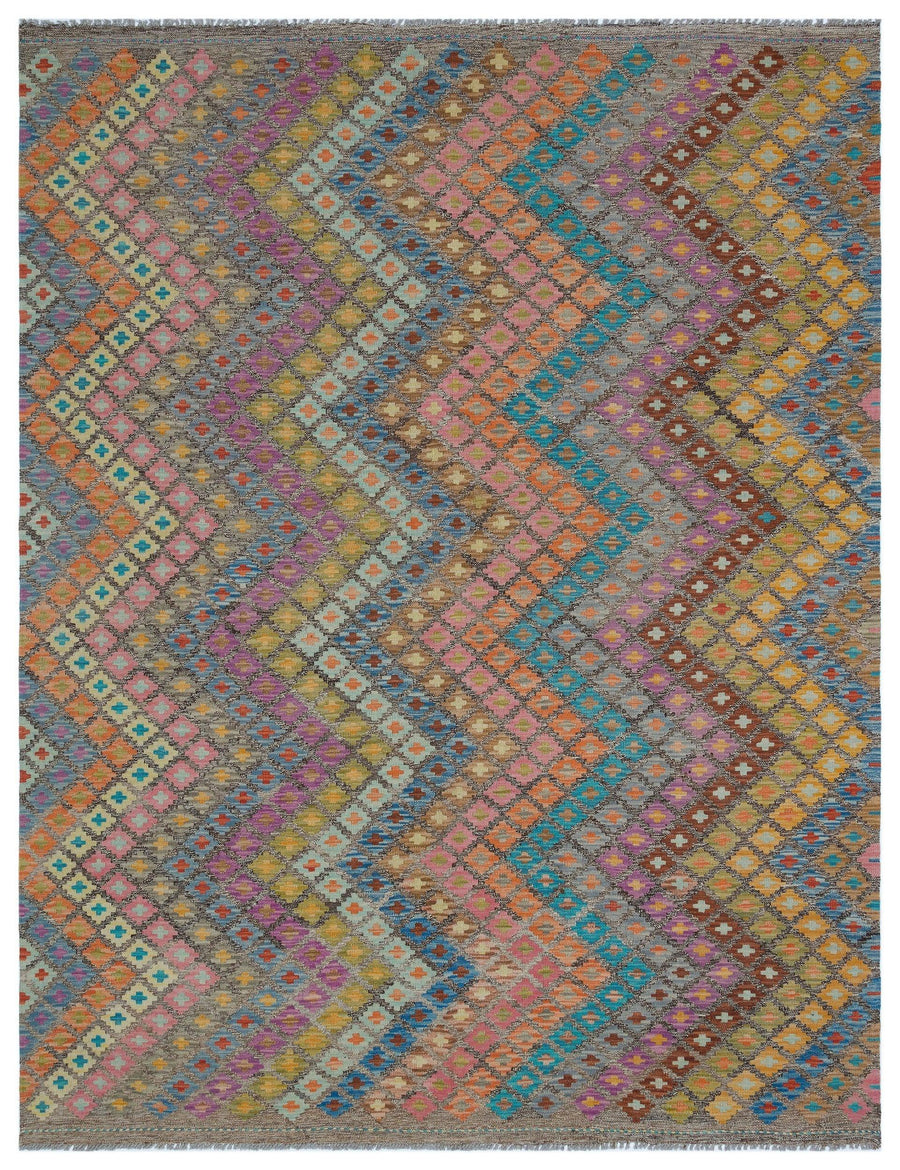 Gri Çok Renkli Geometrik Desenli Yün El Dokuma Halı 190x246 cm – Koridor kullanımı