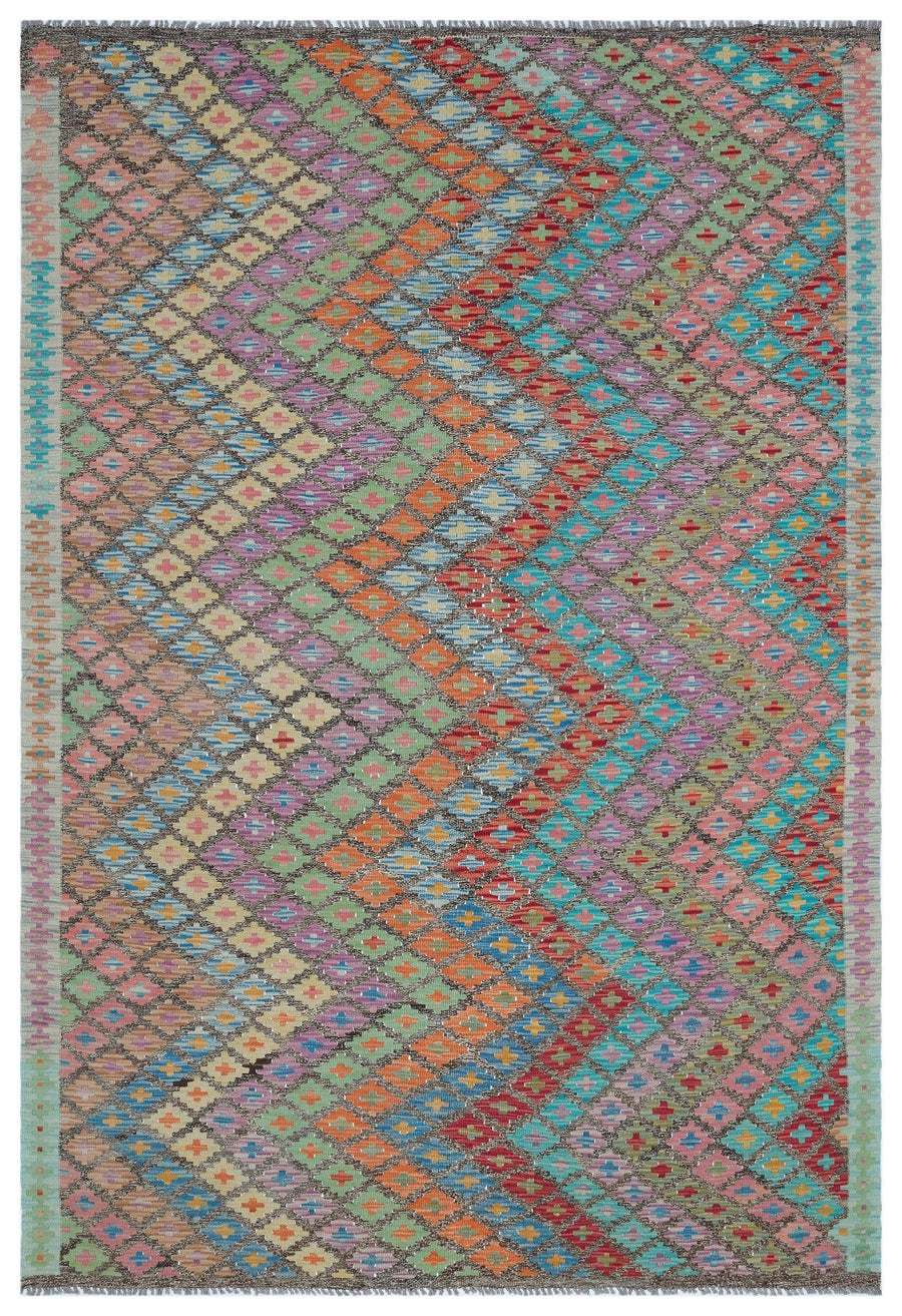 Geometrik Desenli Çok Renkli El Dokuma Yün Halı 175x255 cm 30109 – Koridor kullanımı