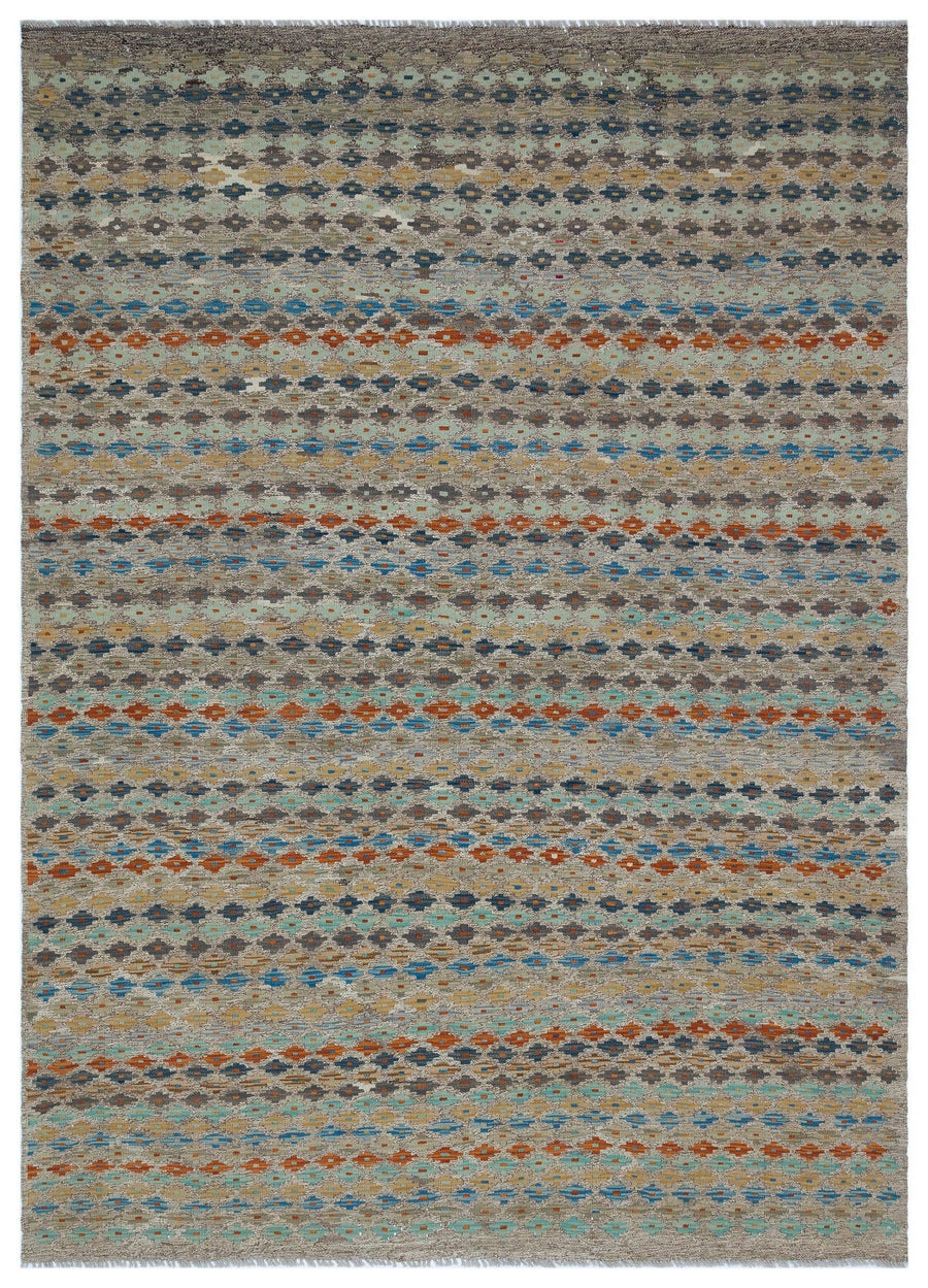 Grau-blauer handgeknüpfter Wollteppich mit Ethno-Muster 184x253 cm – im Wohnzimmer
