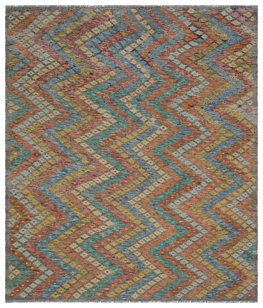 Handgeknüpfter Wollteppich Grau & Rot mit Ethno-Muster 204x232 cm – im Wohnzimmer