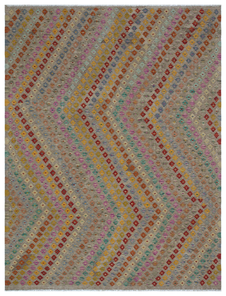 Beiger handgeknüpfter Wollteppich mit geometrischem Muster 190x254 cm – im Wohnzimmer