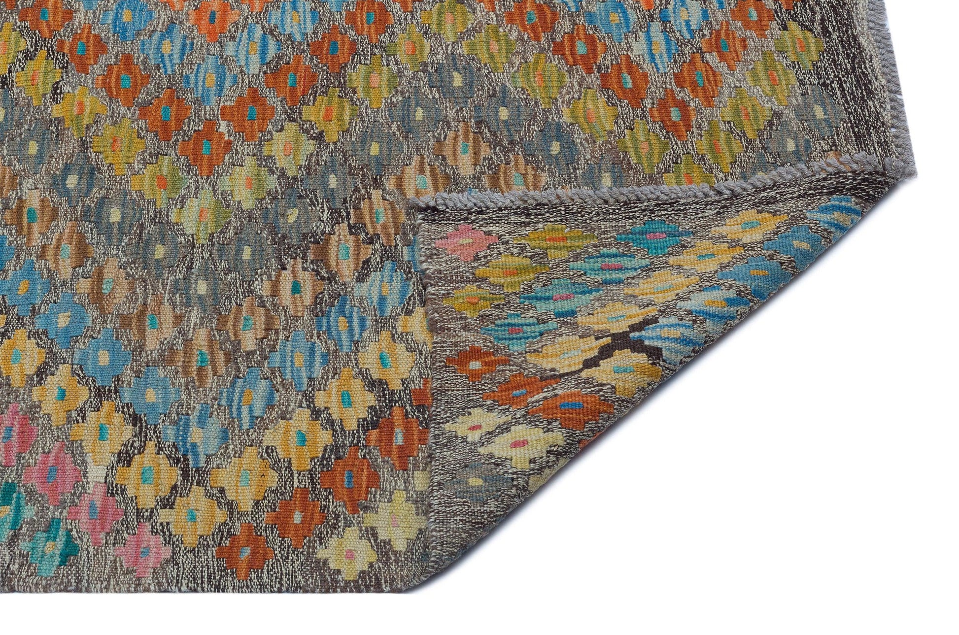 Mavi Pembe Anadolu Bohem Geometrik Yün Halı 202x245 - Özel Seri