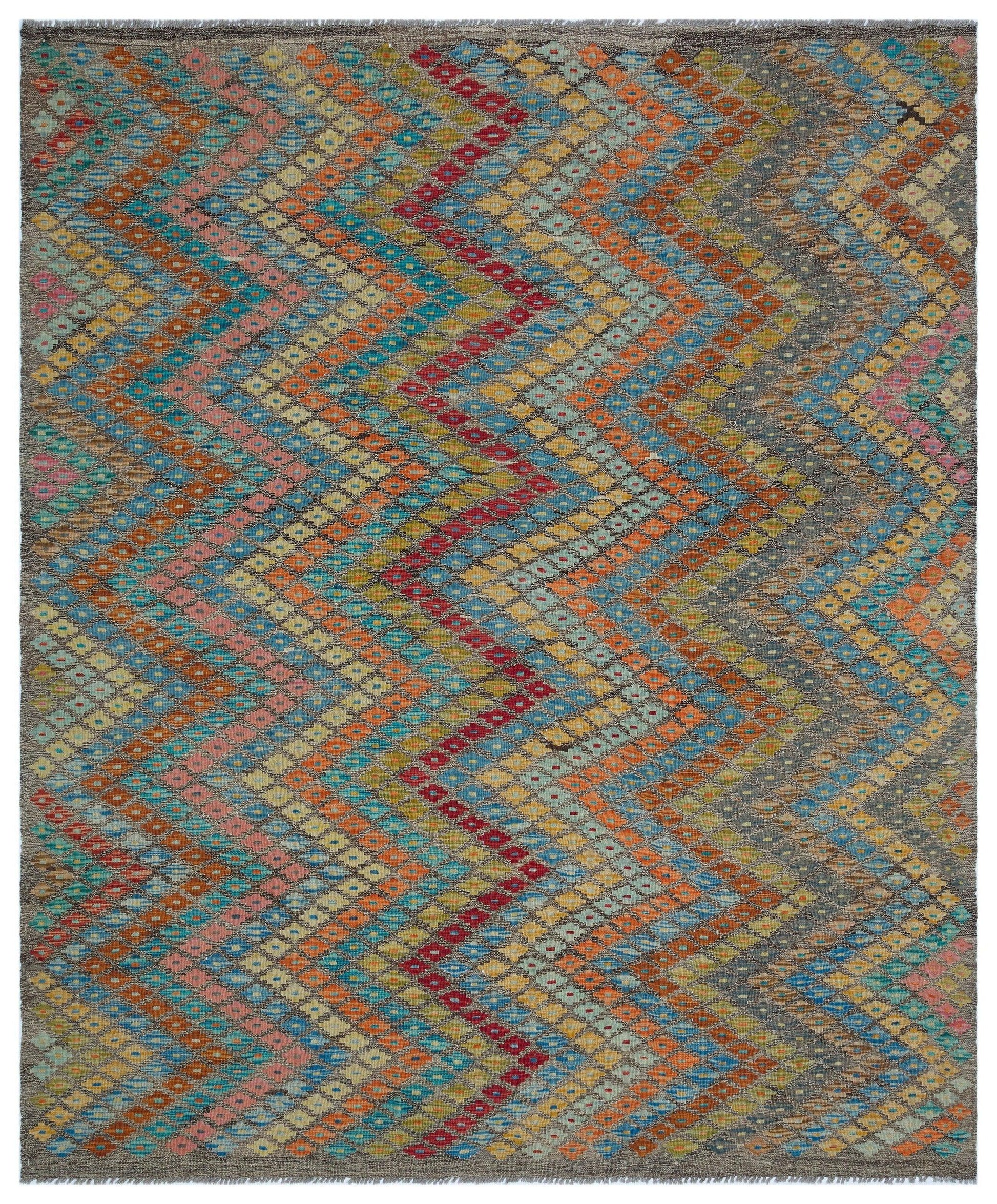 Mavi Pembe Anadolu Bohem Geometrik Yün Halı 202x245 - Özel Seri