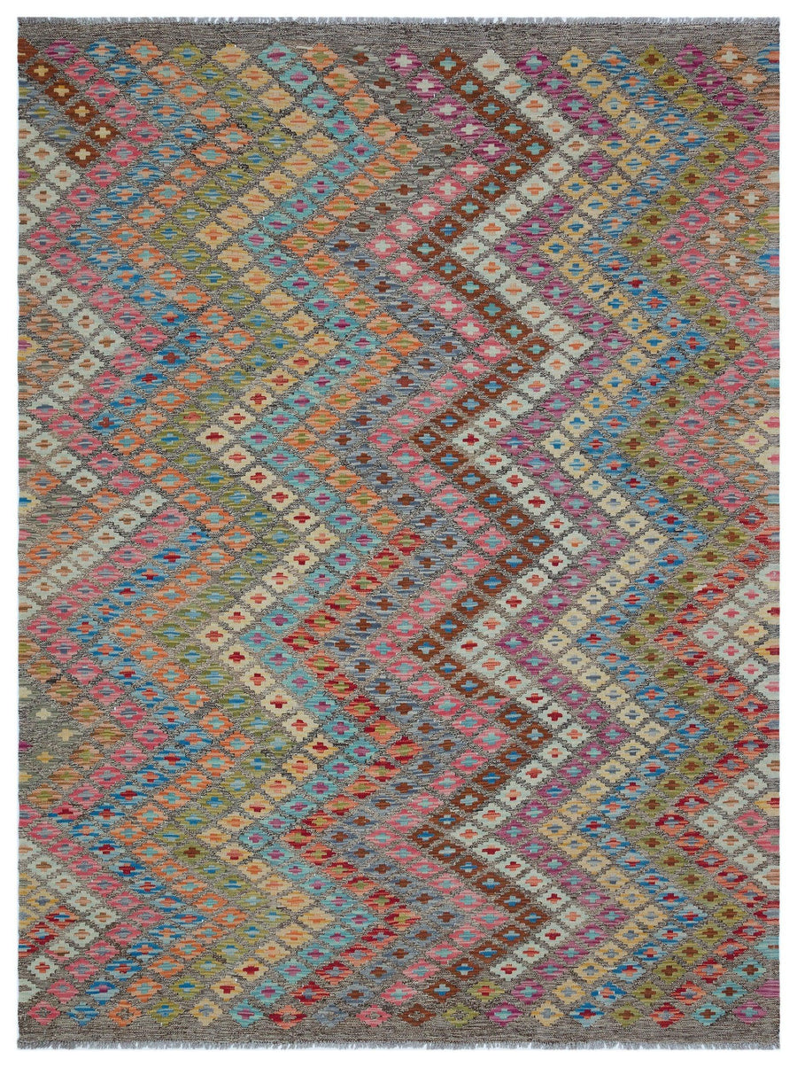 Grauer Wollteppich mit rosa geometrischem Muster 188x244 cm – im Wohnzimmer