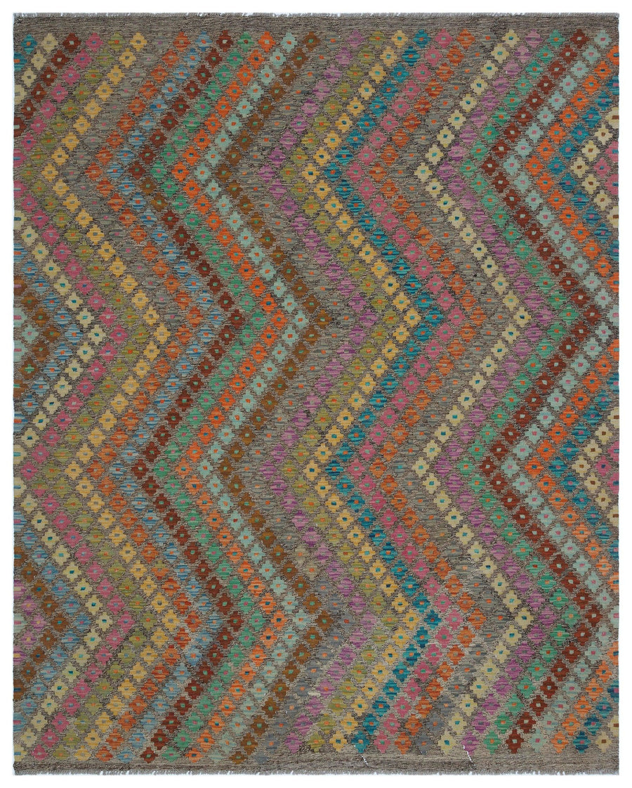 Grauer handgeknüpfter Wollteppich mit Ethno-Muster 200x245 cm – im Wohnzimmer