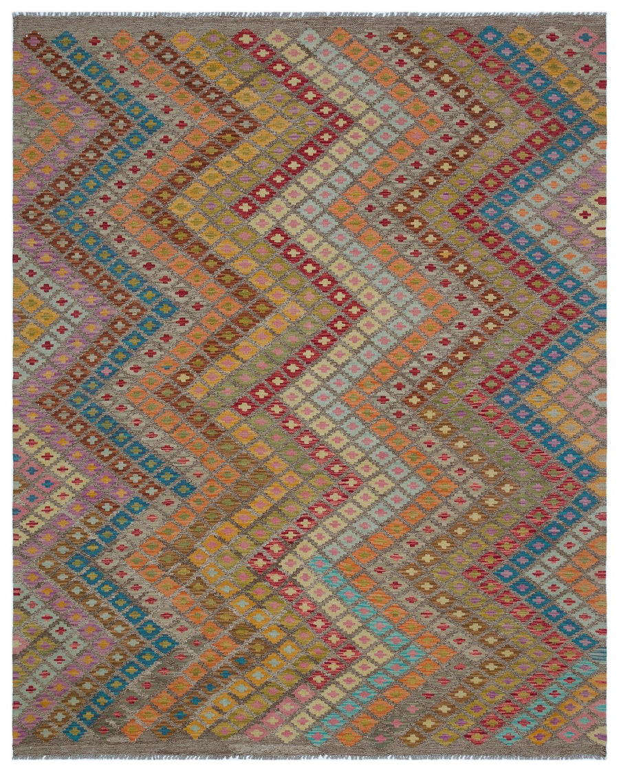 Grauer handgewebter Kelim mit buntem Boho-Muster 202x251 cm – im Flur