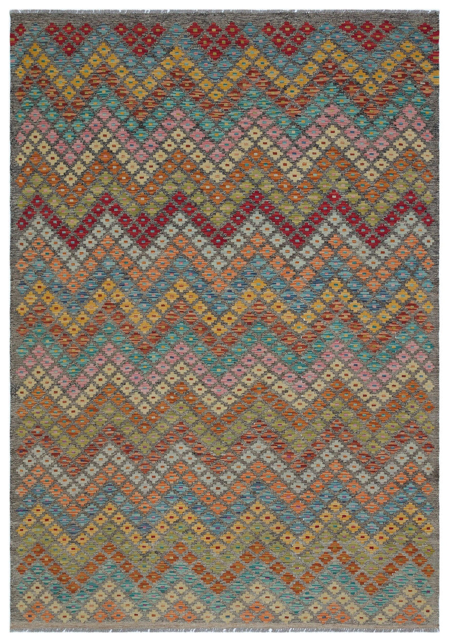 Grauer handgeknüpfter Wollteppich mit buntem Boho-Muster 189x262 cm – im Flur