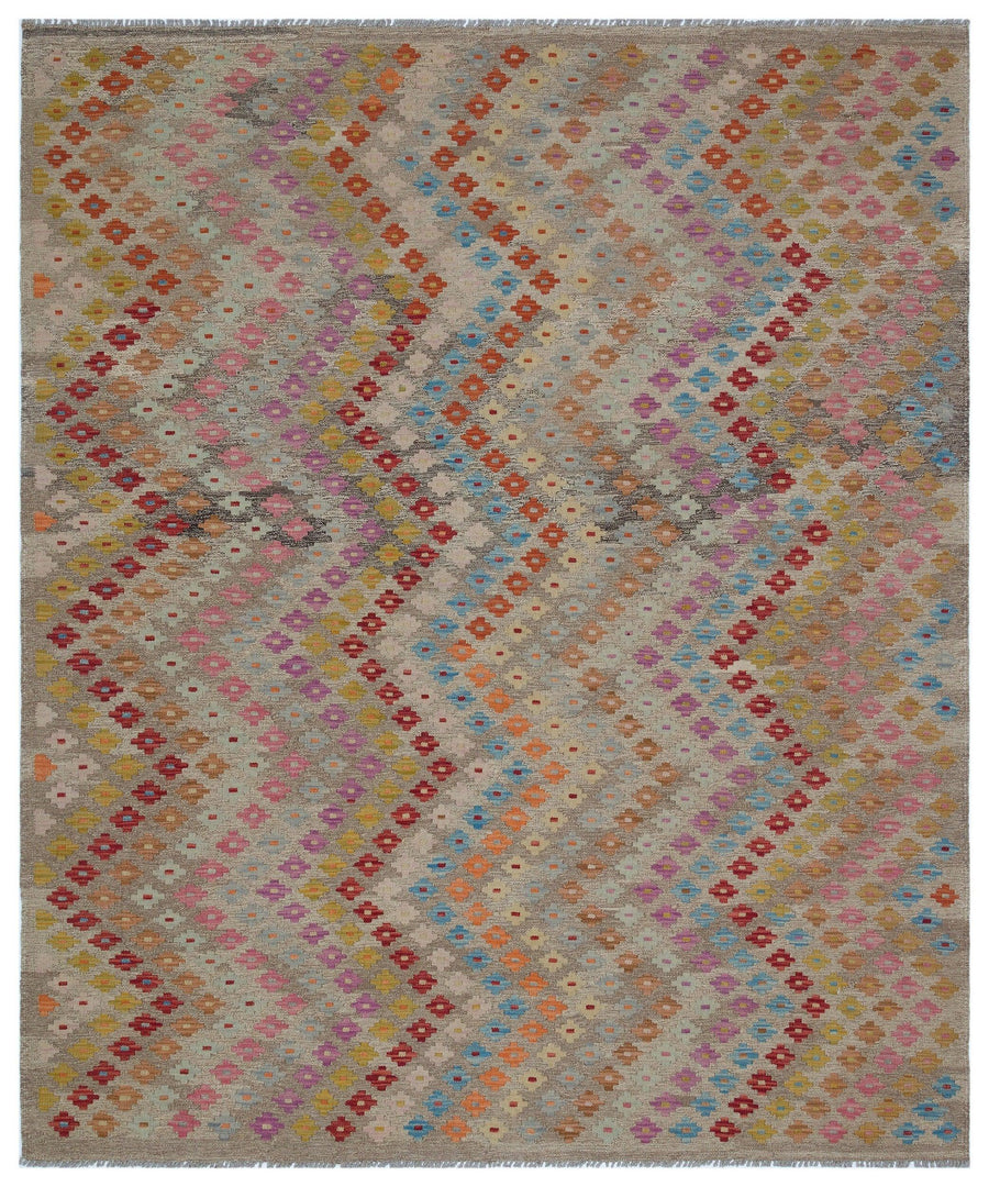 Beiger handgeknüpfter Wollteppich mit buntem Ethno-Muster 206x243 cm – im Flur