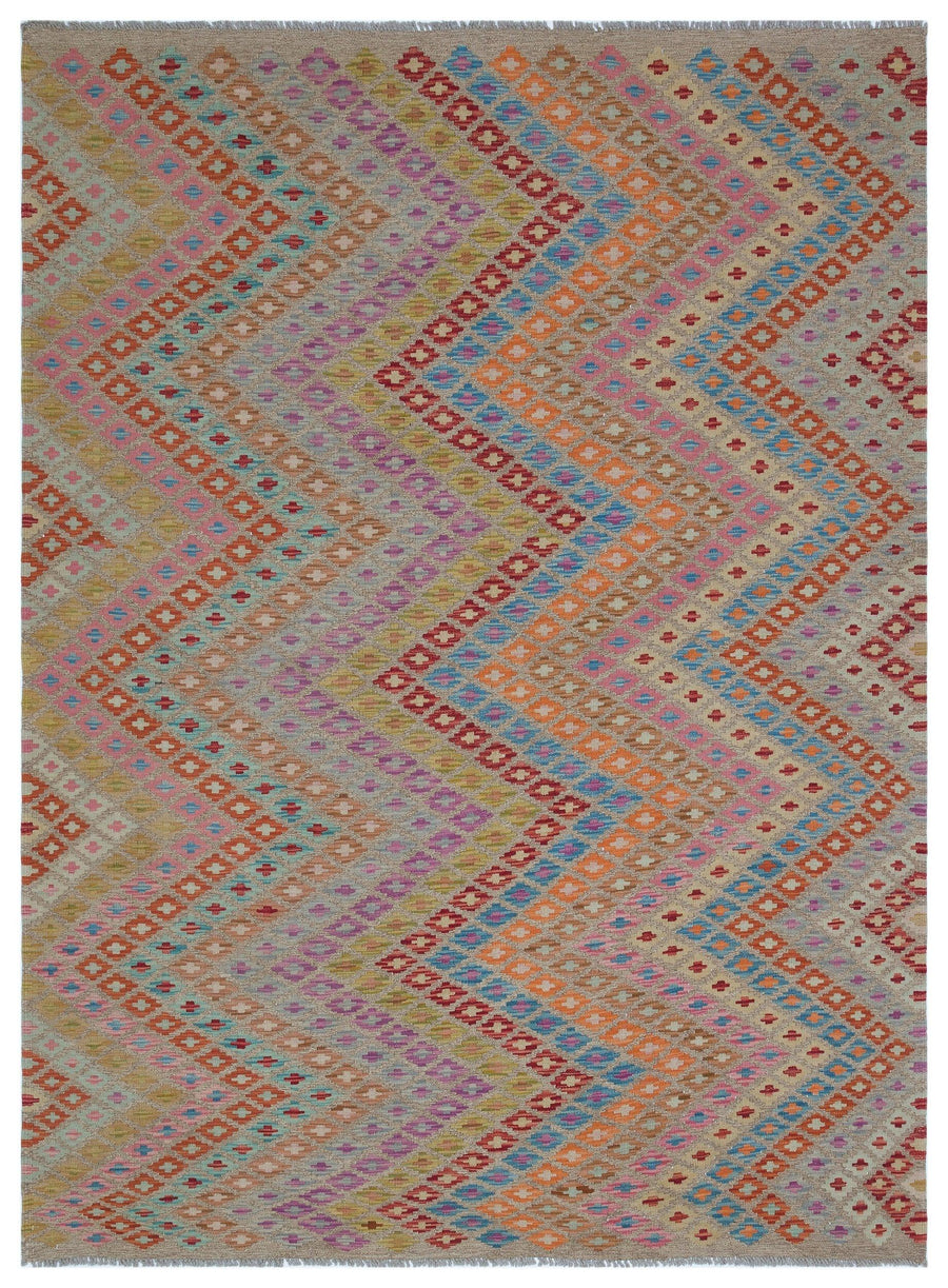 El Dokuma Bej Çok Renkli Geometrik Desenli Halı 181x244 cm 30173 – Oturma odası kullanımı
