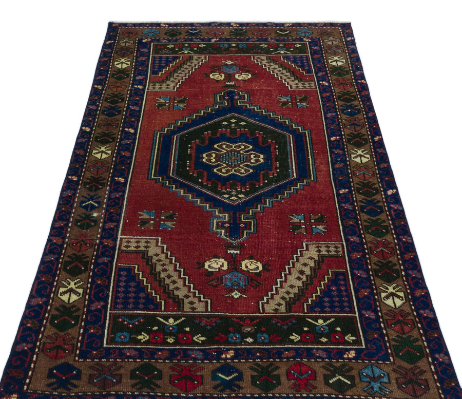 Kırmızı Mavi Anadolu Bohem Geometrik Yün Halı 98x177 - Özel Seri