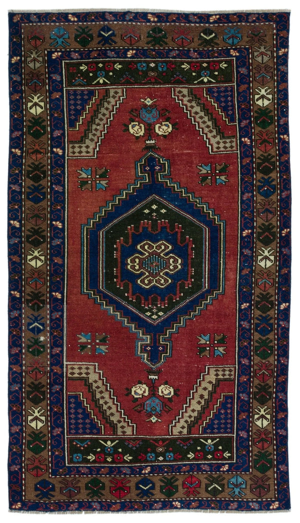 Kırmızı Mavi Anadolu Bohem Geometrik Yün Halı 98x177 - Özel Seri