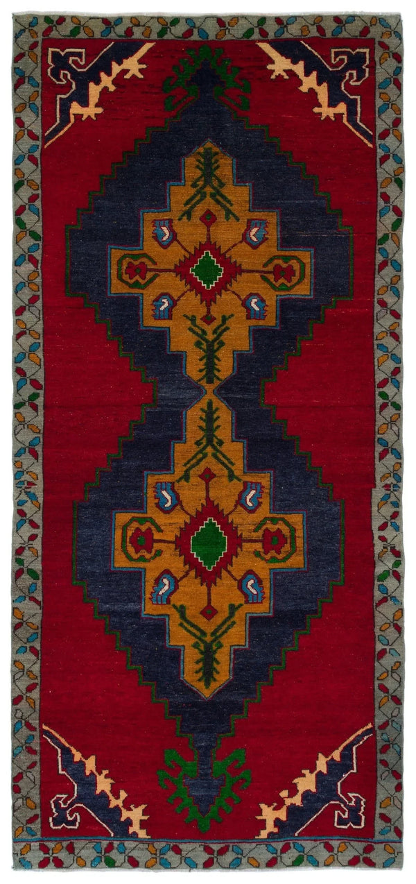 Kırmızı Anadolu Bohem Geometrik Yün Halı 148x330 - Özel Seri