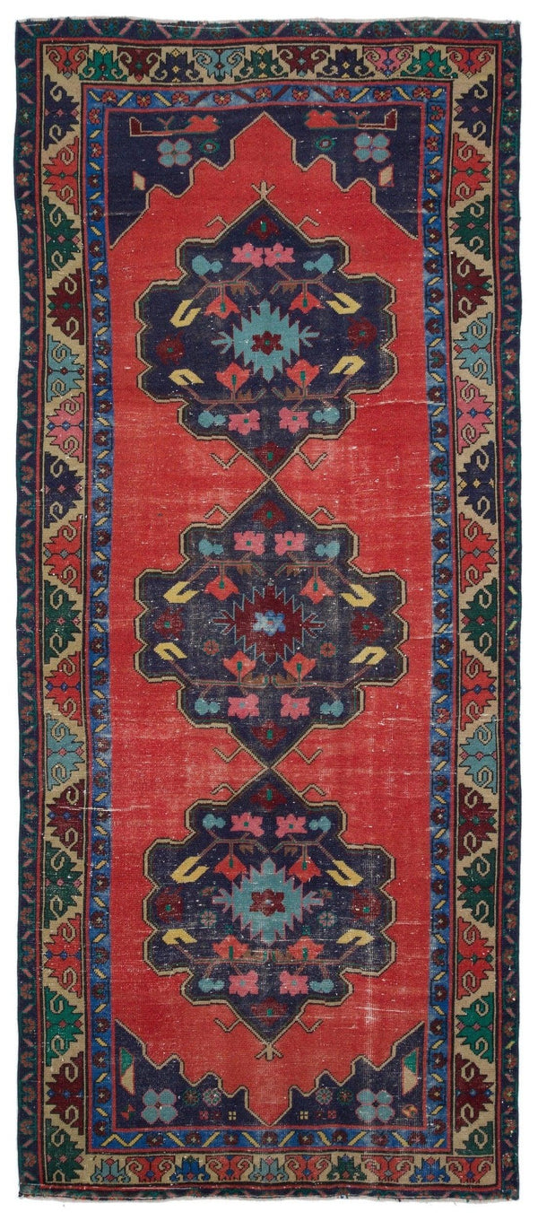Kırmızı Anadolu Bohem Geometrik Yün Halı 143x330 - Özel Seri