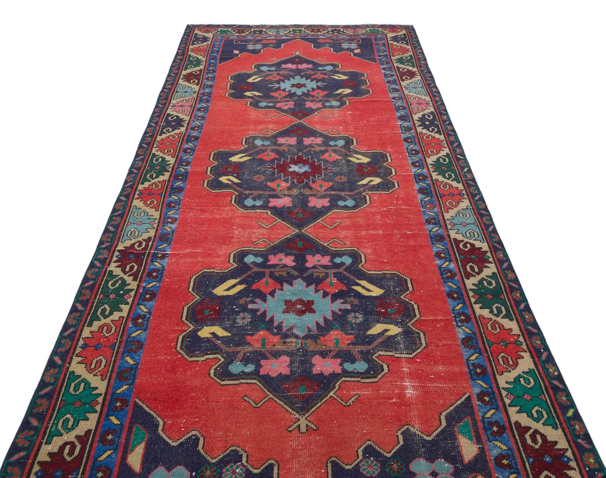 Kırmızı Anadolu Bohem Geometrik Yün Halı 143x330 - Özel Seri