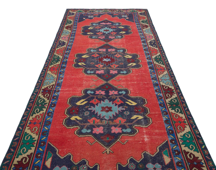 Kırmızı Anadolu Bohem Geometrik Yün Halı 143x330 - Özel Seri