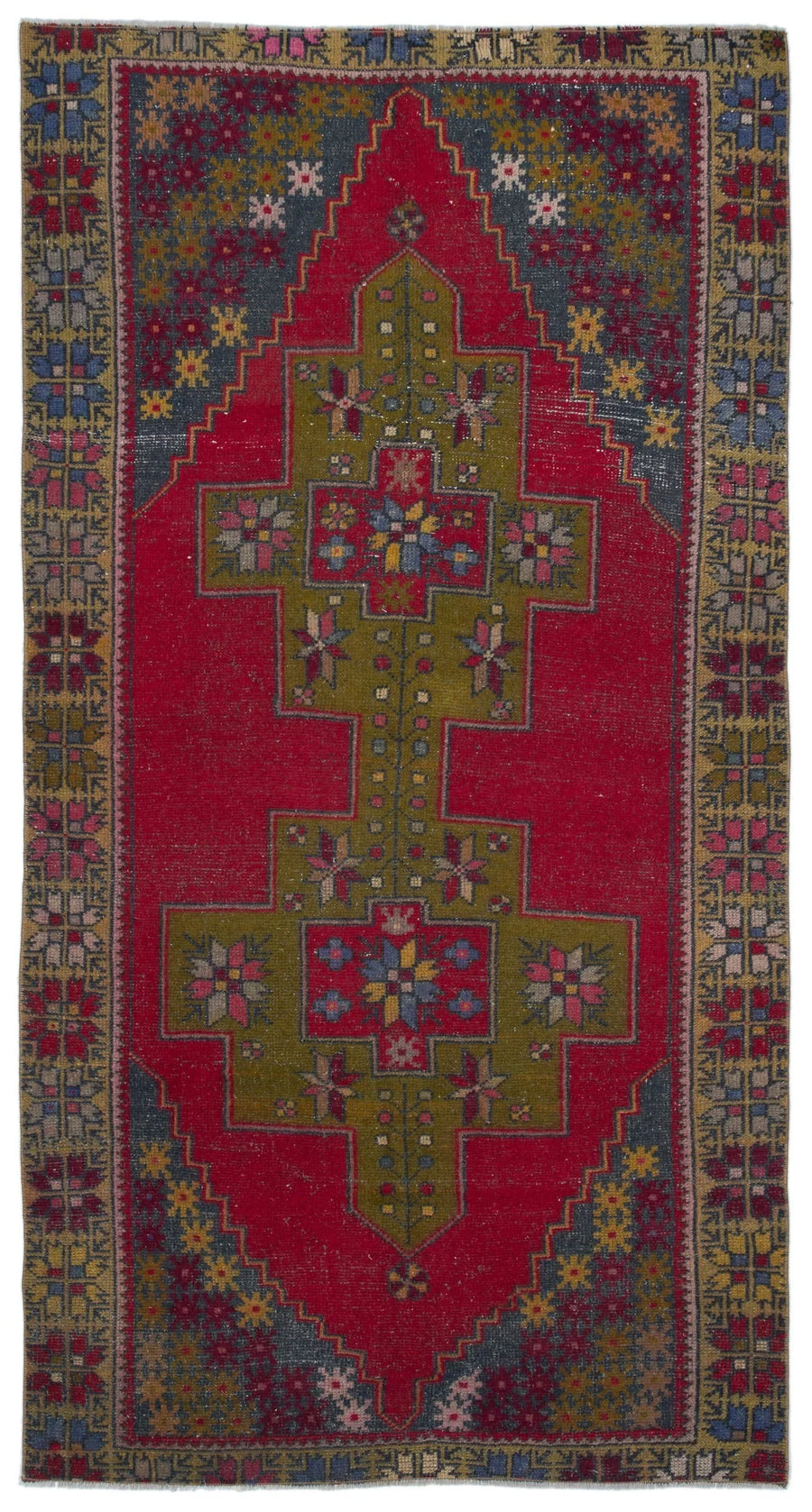 Roter handgeknüpfter Wollteppich mit grünen Details 124x238 cm – im Wohnzimmer