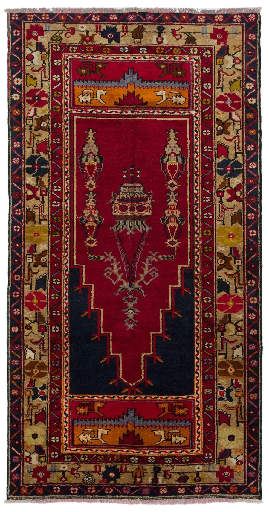 Roter handgeknüpfter Wollteppich mit dunkelblauen Mustern 120x234 cm – im Flur