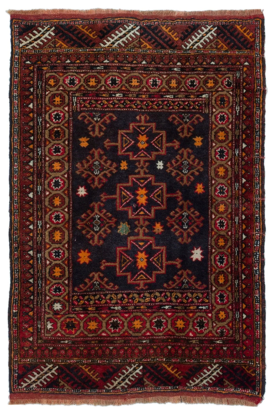 Red and Navy Blue Geometric Hand-Knotted Wool Rug 83x126 cm (2'9" x 4'2") – in the living room