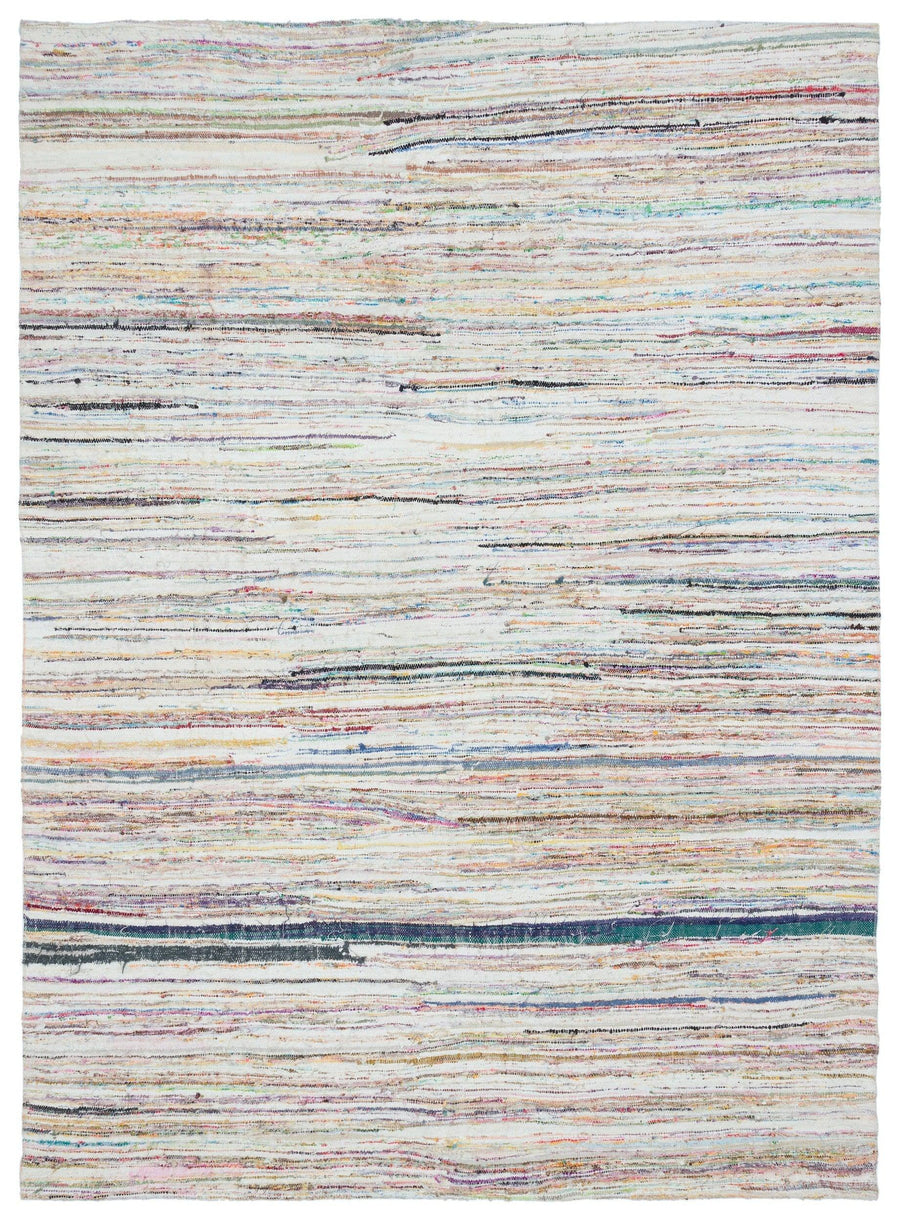 Weißer handgewebter Wollteppich mit bunten Streifen 206x280 cm – im Flur